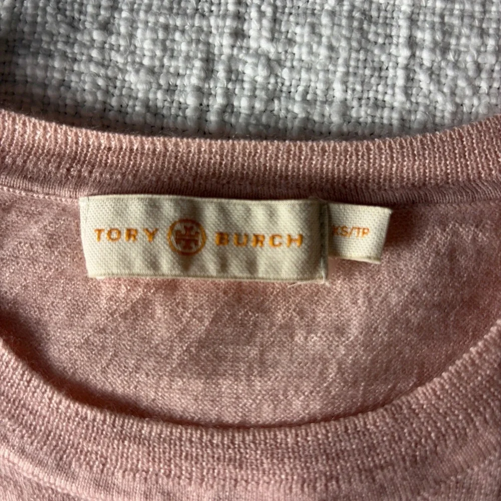 Tory Burch 100% Cashmere XS Sweater Gold Logo Buttons Soft Pink Luxury Preppy